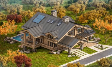 Havuzu ve kiralık park yeri olan modern konforlu bir dağ evi. Arka planda güzel orman dağları. Devasa kereste kirişleri. Güneşli bir sonbahar günü, her yerde altın yapraklar.