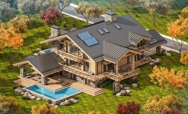 Rendering Von Modernen Gemütlichen Chalet Mit Pool Und Parkplatz Zum — Stockfoto