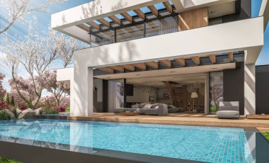Havuzu ve satılık park yeri olan, lüks tarzda kiralanan ve arka planda güzel manzaralı modern konforlu bir ev. Arka planda sakura çiçekleri olan çiçek açan ağaçlarla taze bir bahar günü.