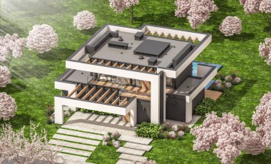 Havuzu ve satılık park yeri olan, lüks tarzda kiralanan ve arka planda güzel manzaralı modern konforlu bir ev. Arka planda sakura çiçekleri olan çiçek açan ağaçlarla taze bir bahar günü.