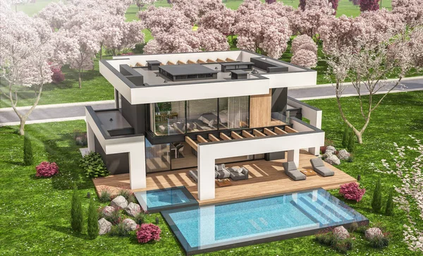 Rendering Moderna Casa Accogliente Con Piscina Parcheggio Vendita Affitto Stile — Foto Stock