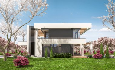 Havuzu ve satılık park yeri olan, lüks tarzda kiralanan ve arka planda güzel manzaralı modern konforlu bir ev. Arka planda sakura çiçekleri olan çiçek açan ağaçlarla taze bir bahar günü.