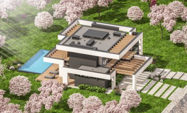 Havuzu ve satılık park yeri olan, lüks tarzda kiralanan ve arka planda güzel manzaralı modern konforlu bir ev. Arka planda sakura çiçekleri olan çiçek açan ağaçlarla taze bir bahar günü.