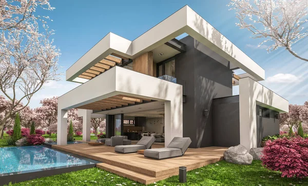 Representación Casa Acogedora Moderna Con Piscina Aparcamiento Venta Alquiler Estilo — Foto de Stock