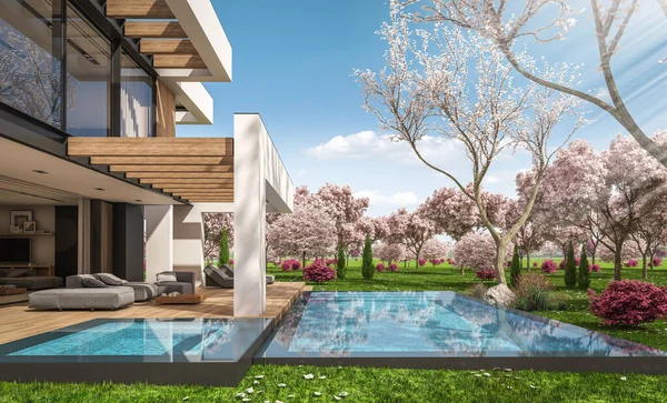 Representación Casa Acogedora Moderna Con Piscina Aparcamiento Venta Alquiler Estilo — Foto de Stock