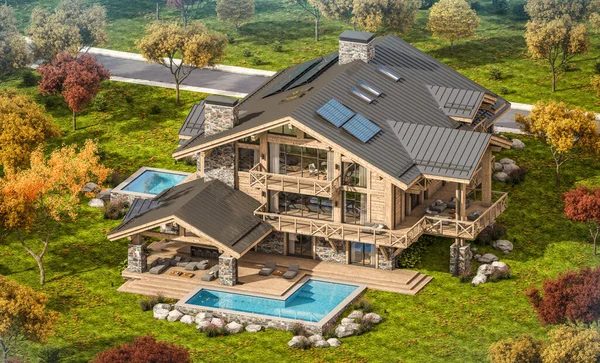 Rendering Modern Cozy Chalet Dengan Kolam Renang Dan Parkir Untuk — Stok Foto