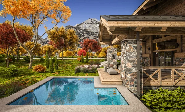 Rendering Modern Cozy Chalet Pool Parking Sale Rent Beautiful Forest — Stock Photo, Image