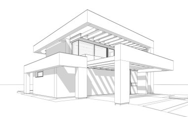 Havuzu ve park yeri olan modern konforlu bir evin 3 boyutlu tasarımı. Satılık ya da lüks tarzda. Beyaz zemin üzerinde yumuşak ışık gölgeleri olan siyah çizgi çizimi