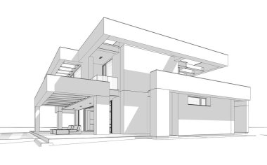 Havuzu ve park yeri olan modern konforlu bir evin 3 boyutlu tasarımı. Satılık ya da lüks tarzda. Beyaz zemin üzerinde yumuşak ışık gölgeleri olan siyah çizgi çizimi