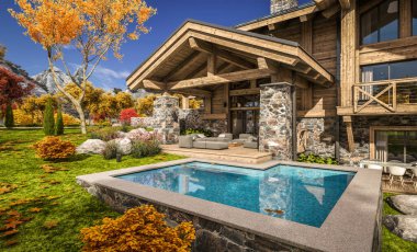 Havuzu ve kiralık park yeri olan modern konforlu bir dağ evi. Arka planda güzel orman dağları. Devasa kereste kirişleri. Güneşli bir sonbahar günü, her yerde altın yapraklar.