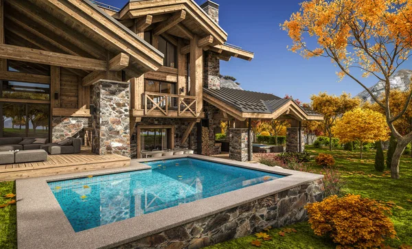 Rendering Modern Cozy Chalet Pool Parking Sale Rent Beautiful Forest — Stock Photo, Image