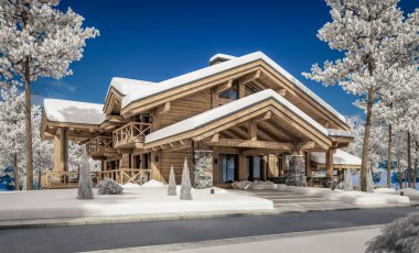 Havuzu ve kiralık park yeri olan modern konforlu bir dağ evi. Arka planda güzel orman dağları. Devasa kereste kirişleri. Parlak beyaz karlı serin bir kış günü.