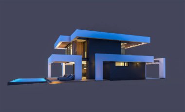 Havuzu ve park yeri olan modern konforlu bir evin 3 boyutlu tasarımı. Satılık ya da lüks tarzda. Gece vakti. Siyah üzerine izole edilmiş..