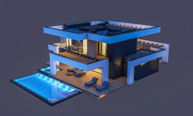 Havuzu ve park yeri olan modern konforlu bir evin 3 boyutlu tasarımı. Satılık ya da lüks tarzda. Gece vakti. Siyah üzerine izole edilmiş..