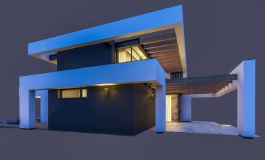 Havuzu ve park yeri olan modern konforlu bir evin 3 boyutlu tasarımı. Satılık ya da lüks tarzda. Gece vakti. Siyah üzerine izole edilmiş..