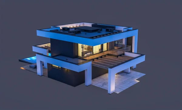 Rendering Von Modernen Gemütlichen Haus Mit Pool Und Parkplatz Zum — Stockfoto
