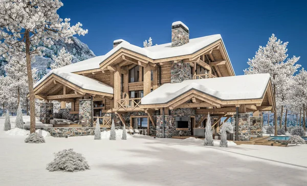 Rendering Von Modernen Gemütlichen Chalet Mit Pool Und Parkplatz Zum — Stockfoto