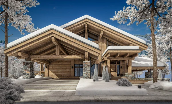 Rendering Von Modernen Gemütlichen Chalet Mit Pool Und Parkplatz Zum — Stockfoto