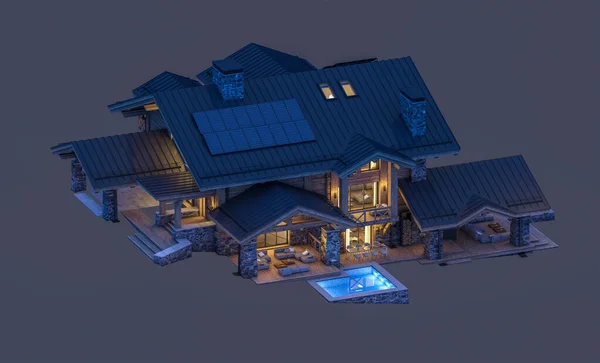 Rendering Modern Cozy Chalet Dengan Kolam Renang Dan Parkir Untuk — Stok Foto