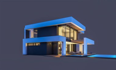 Havuzu ve park yeri olan modern konforlu bir evin 3 boyutlu tasarımı. Satılık ya da lüks tarzda. Gece vakti. Siyah üzerine izole edilmiş..