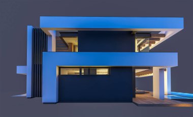 Havuzu ve park yeri olan modern konforlu bir evin 3 boyutlu tasarımı. Satılık ya da lüks tarzda. Gece vakti. Siyah üzerine izole edilmiş..