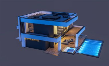 Havuzu ve park yeri olan modern konforlu bir evin 3 boyutlu tasarımı. Satılık ya da lüks tarzda. Gece vakti. Siyah üzerine izole edilmiş..