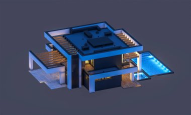 Havuzu ve park yeri olan modern konforlu bir evin 3 boyutlu tasarımı. Satılık ya da lüks tarzda. Gece vakti. Siyah üzerine izole edilmiş..