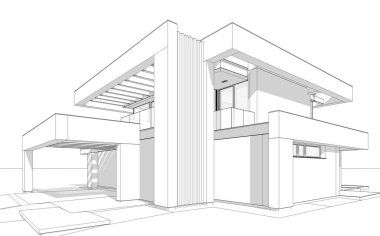 Havuzu ve park yeri olan modern konforlu bir evin 3 boyutlu tasarımı. Satılık ya da lüks tarzda. Beyaz zemin üzerinde yumuşak ışık gölgeleri olan siyah çizgi çizimi