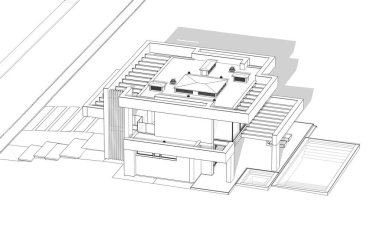 Havuzu ve park yeri olan modern konforlu bir evin 3 boyutlu tasarımı. Satılık ya da lüks tarzda. Beyaz zemin üzerinde yumuşak ışık gölgeleri olan siyah çizgi çizimi