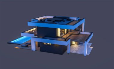 Havuzu ve park yeri olan modern konforlu bir evin 3 boyutlu tasarımı. Satılık ya da lüks tarzda. Gece vakti. Siyah üzerine izole edilmiş..