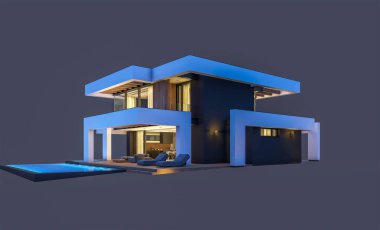 Havuzu ve park yeri olan modern konforlu bir evin 3 boyutlu tasarımı. Satılık ya da lüks tarzda. Gece vakti. Siyah üzerine izole edilmiş..