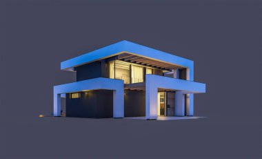 Havuzu ve park yeri olan modern konforlu bir evin 3 boyutlu tasarımı. Satılık ya da lüks tarzda. Gece vakti. Siyah üzerine izole edilmiş..