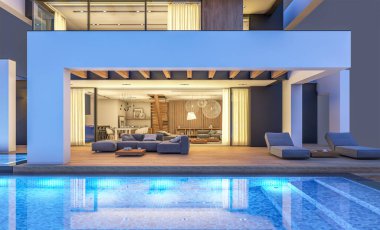 Havuzu ve park yeri olan modern konforlu bir evin 3 boyutlu tasarımı. Satılık ya da lüks tarzda. Gece vakti. Siyah üzerine izole edilmiş..