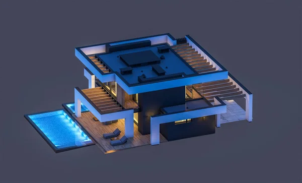 Rendering Van Modern Gezellig Huis Met Zwembad Parkeerplaats Koop Huur — Stockfoto