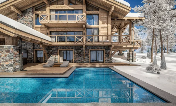 Rendering Von Modernen Gemütlichen Chalet Mit Pool Und Parkplatz Zum — Stockfoto