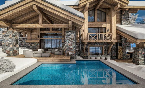 Rendering Von Modernen Gemütlichen Chalet Mit Pool Und Parkplatz Zum — Stockfoto