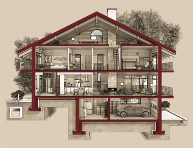 3d section of a country house clipart