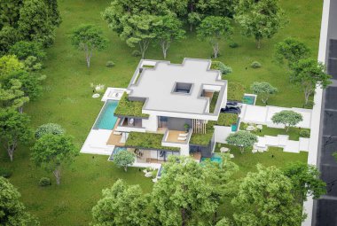 Park yeri ve havuzu satılık olan üç katlı bir ev. Ya da beton dış görünüş ve güzel peyzaj ile kiralanmış. Bulutlu beyaz gökyüzü bulutlu, yumuşak gölgeler