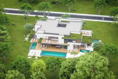 Park yeri ve havuzu satılık olan üç katlı bir ev. Ya da beton dış görünüş ve güzel peyzaj ile kiralanmış. Bulutlu beyaz gökyüzü bulutlu, yumuşak gölgeler