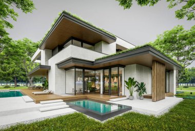 Park yeri ve havuzu satılık olan üç katlı bir ev. Ya da beton dış görünüş ve güzel peyzaj ile kiralanmış. Bulutlu beyaz gökyüzü bulutlu, yumuşak gölgeler