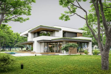 Park yeri ve havuzu satılık olan üç katlı bir ev. Ya da beton dış görünüş ve güzel peyzaj ile kiralanmış. Bulutlu beyaz gökyüzü bulutlu, yumuşak gölgeler