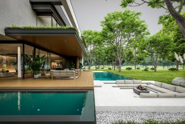 Park yeri ve havuzu satılık olan üç katlı bir ev. Ya da beton dış görünüş ve güzel peyzaj ile kiralanmış. Bulutlu beyaz gökyüzü bulutlu, yumuşak gölgeler