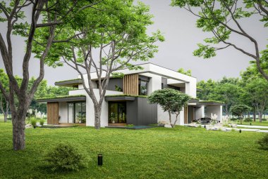 Park yeri ve havuzu satılık olan üç katlı bir ev. Ya da beton dış görünüş ve güzel peyzaj ile kiralanmış. Bulutlu beyaz gökyüzü bulutlu, yumuşak gölgeler