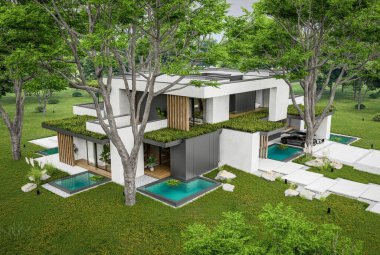 Park yeri ve havuzu satılık olan üç katlı bir ev. Ya da beton dış görünüş ve güzel peyzaj ile kiralanmış. Bulutlu beyaz gökyüzü bulutlu, yumuşak gölgeler