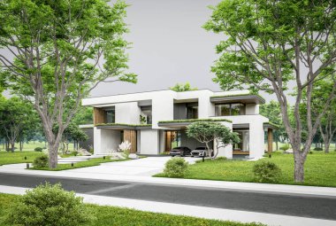 Park yeri ve havuzu satılık olan üç katlı bir ev. Ya da beton dış görünüş ve güzel peyzaj ile kiralanmış. Bulutlu beyaz gökyüzü bulutlu, yumuşak gölgeler