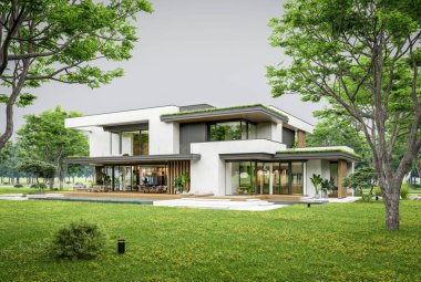 Park yeri ve havuzu satılık olan üç katlı bir ev. Ya da beton dış görünüş ve güzel peyzaj ile kiralanmış. Bulutlu beyaz gökyüzü bulutlu, yumuşak gölgeler