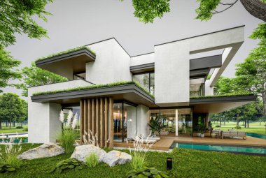 Park yeri ve havuzu satılık olan üç katlı bir ev. Ya da beton dış görünüş ve güzel peyzaj ile kiralanmış. Bulutlu beyaz gökyüzü bulutlu, yumuşak gölgeler