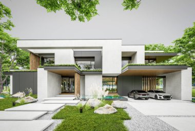 Park yeri ve havuzu satılık olan üç katlı bir ev. Ya da beton dış görünüş ve güzel peyzaj ile kiralanmış. Bulutlu beyaz gökyüzü bulutlu, yumuşak gölgeler