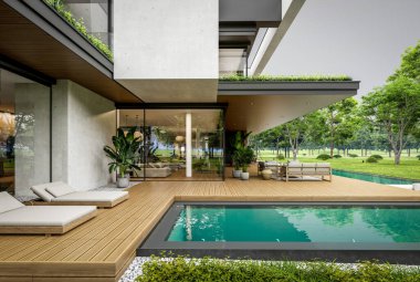 Park yeri ve havuzu satılık olan üç katlı bir ev. Ya da beton dış görünüş ve güzel peyzaj ile kiralanmış. Bulutlu beyaz gökyüzü bulutlu, yumuşak gölgeler