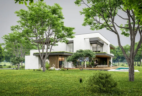 Park yeri ve havuzu satılık olan üç katlı bir ev. Ya da beton dış görünüş ve güzel peyzaj ile kiralanmış. Bulutlu beyaz gökyüzü bulutlu, yumuşak gölgeler